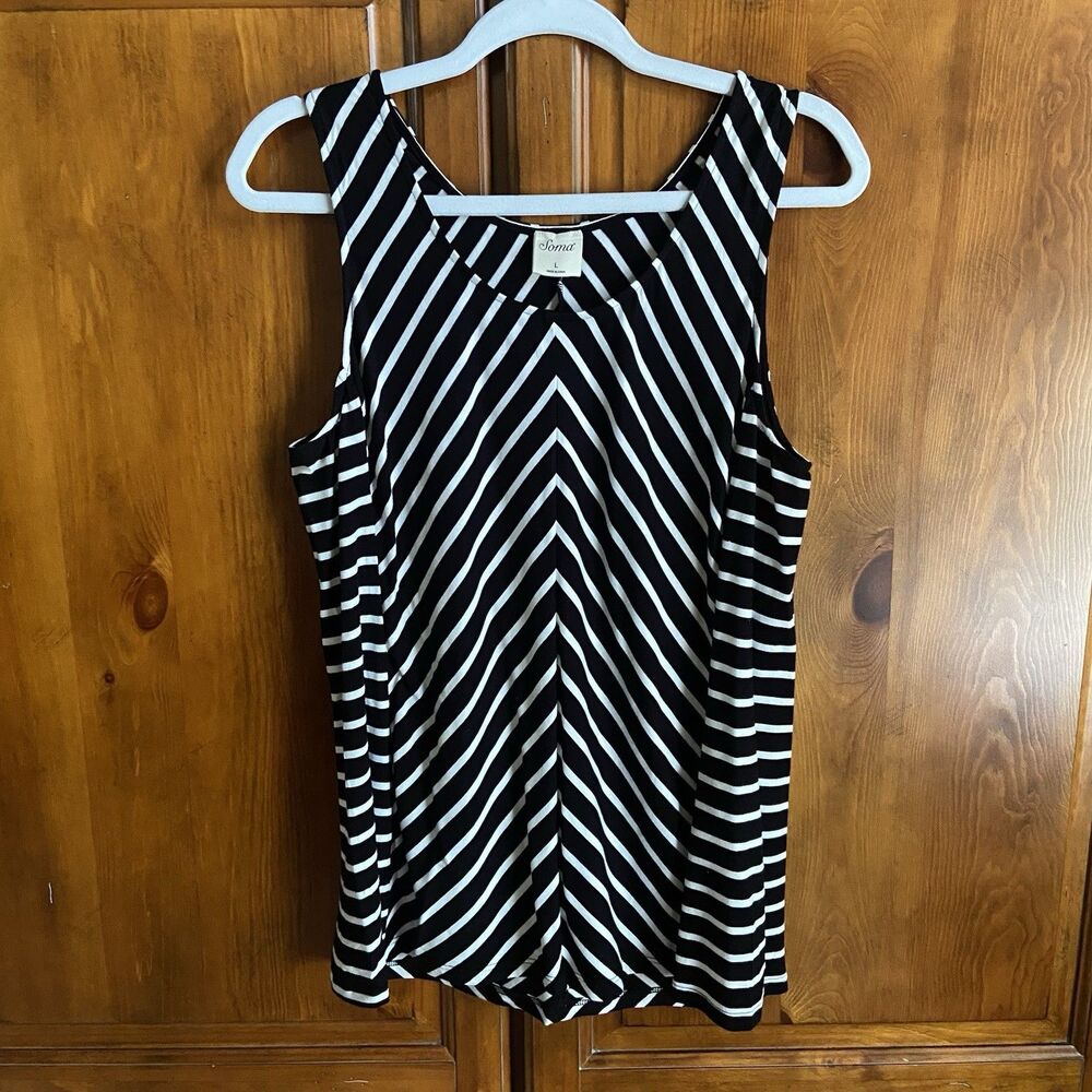 Soma Tank Top Size Large Black White Diagonal Stripe Scoop Neck Stretch Rayon